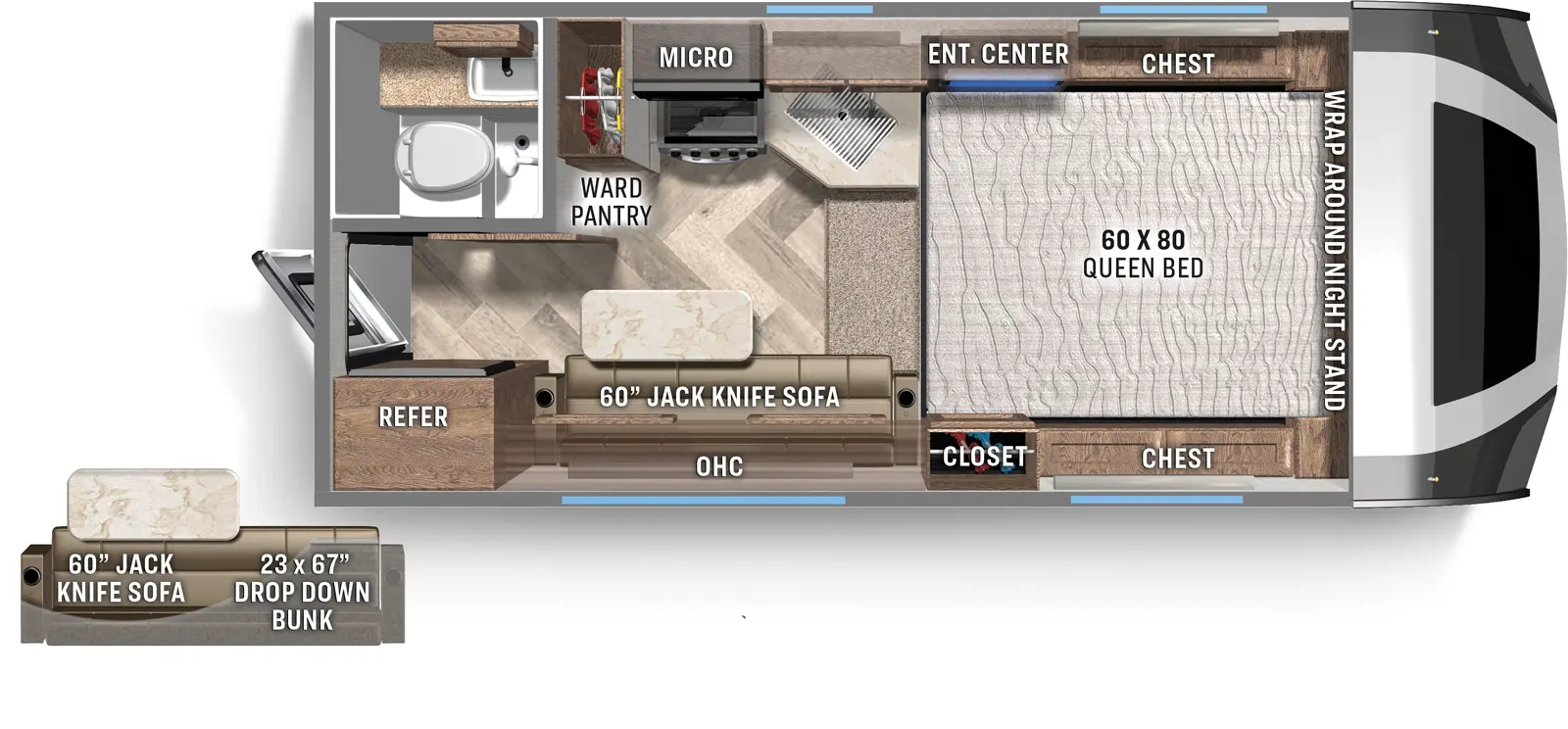 The HS-8801 has no slide outs. Interior layout from the front to the back includes a foot facing 60 x 80 queen bed with wrap around night stand along the head of the bed, storage chest on each side of the bed, closet on the right side of the bed, TV entertainment center on the right side of the bed; step down to lower level; rear corner wet bath on the right with shower, toilet and sink; closet/pantry, stove, sink and overhead cabinet on left; refrigerator, 60 inch jack knife sofa dinette and overhead cabinet (optional drop-down bunk) on the right. 3/4 Ton Truck w/ 6’ 6’’ up to 8’ Bed